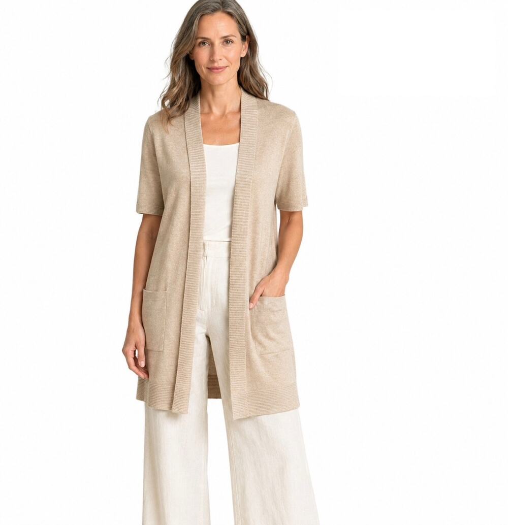 Eileen Fisher Merino Wool Tencel Cardigan S Beige Open Front Short Sleeve Duster - Picture 1 of 6